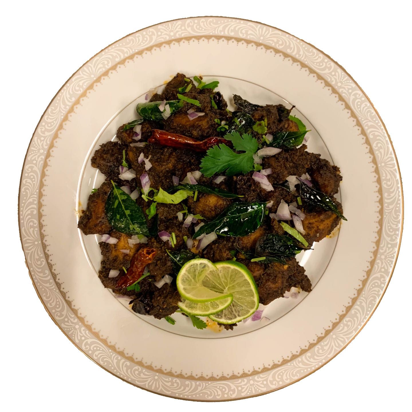 Deep fried chicken sautéed with freshly crushed pepper corns, onions and green chillies and curry leaves.