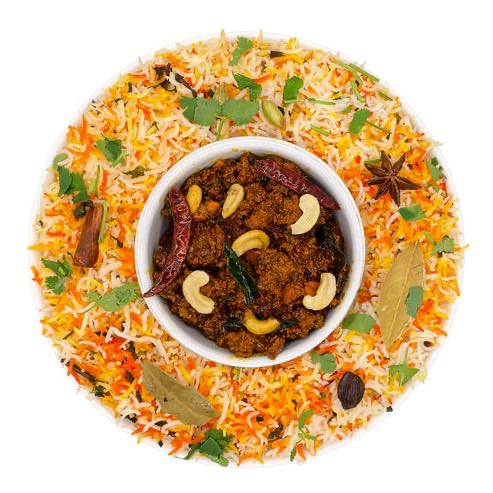 Ground goat meat pan-fried in herbs and spices, then layered in Biryani.
