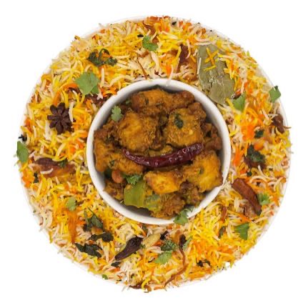 Tender pieces of boneless chicken marinated with rich and flavorful sauce and cooked to perfection. Served with layers of authentic biryani rice.