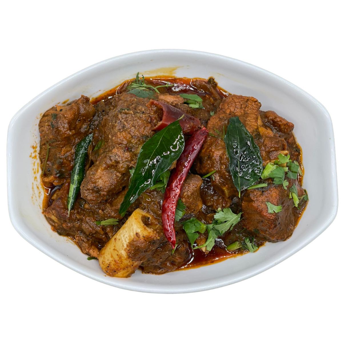 Grass-fed fresh-cut goat meat is slow-cooked in exotic Indian spices and added fresh Gongura leaves paste for richness, try wit