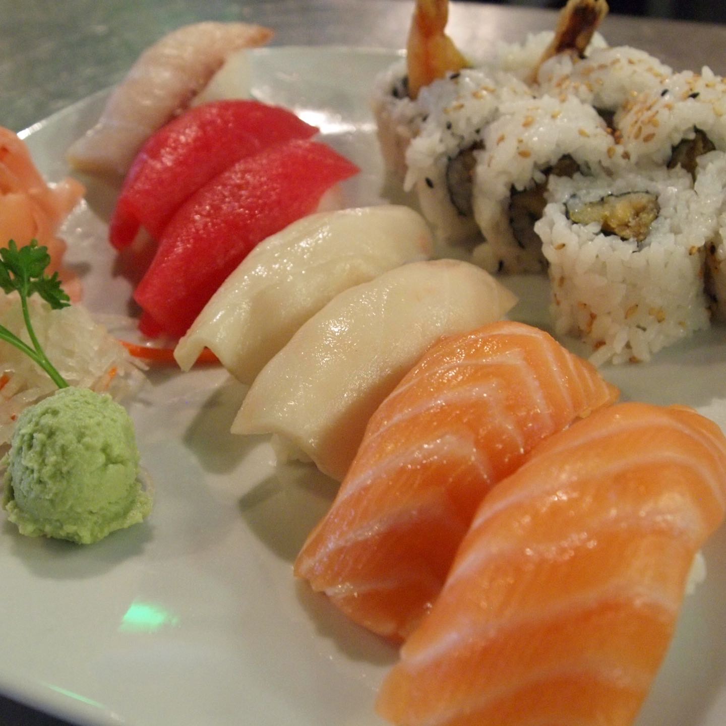 7 pieces of nigiri and shrimp tempura roll
