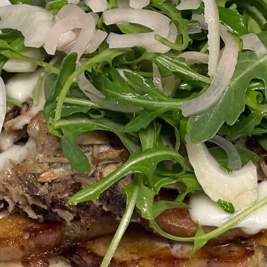 House made porchetta and braised pork on toasted bread with provolone, pickled shallots and fennel green, pesto, garlic aioli and lemon vin.