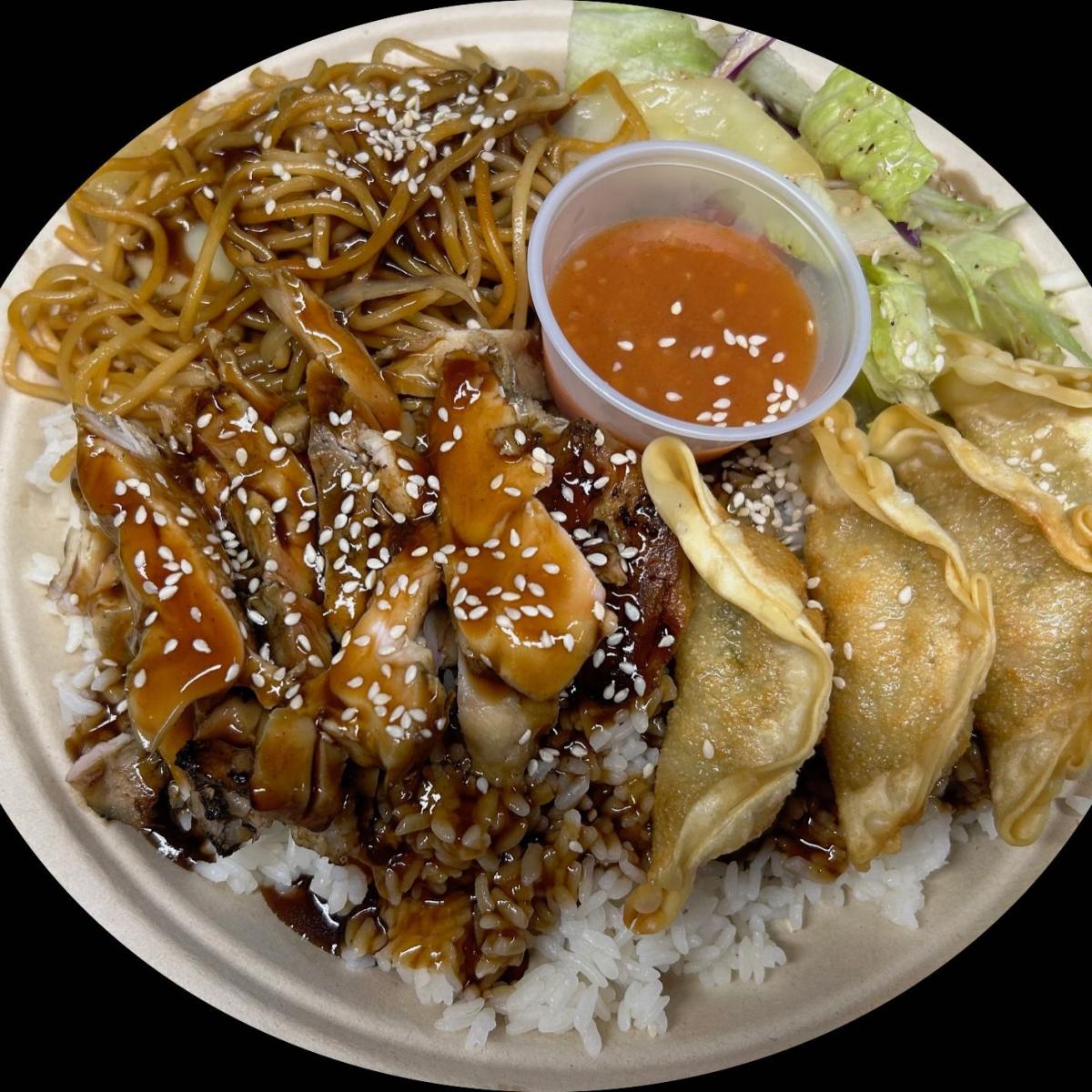 Choice of two proteins, served over rice with cabbage & yakisoba noodles.  Topped with scratch made teriyaki sauce & toasted sesame seeds. - Lu’s Teriyaki restaurant in Forest Grove, OR