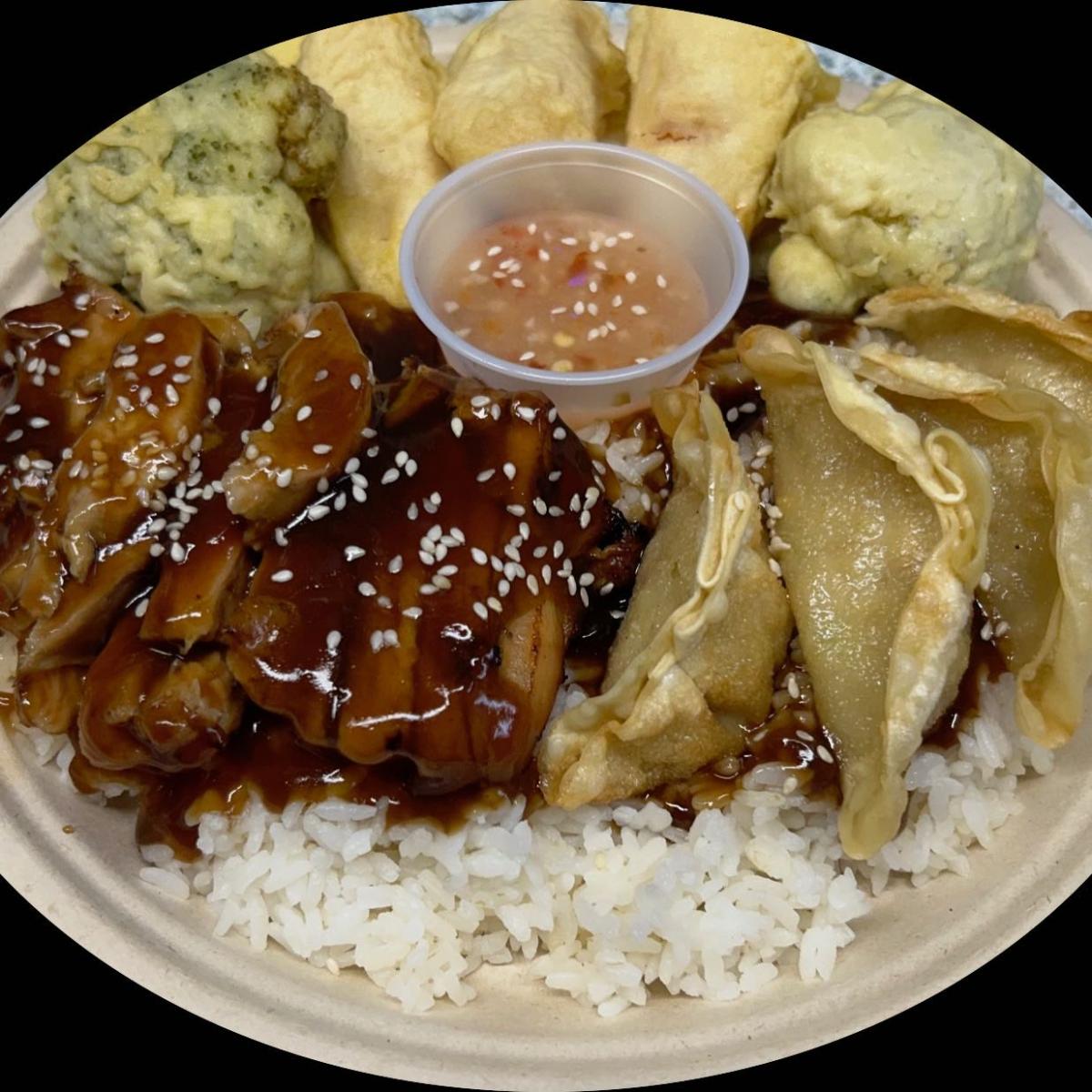 Choice of two proteins, served over rice & topped with house made teriyaki sauce.  Served with tempura veggies. - Lu’s Teriyaki restaurant in Forest Grove, OR