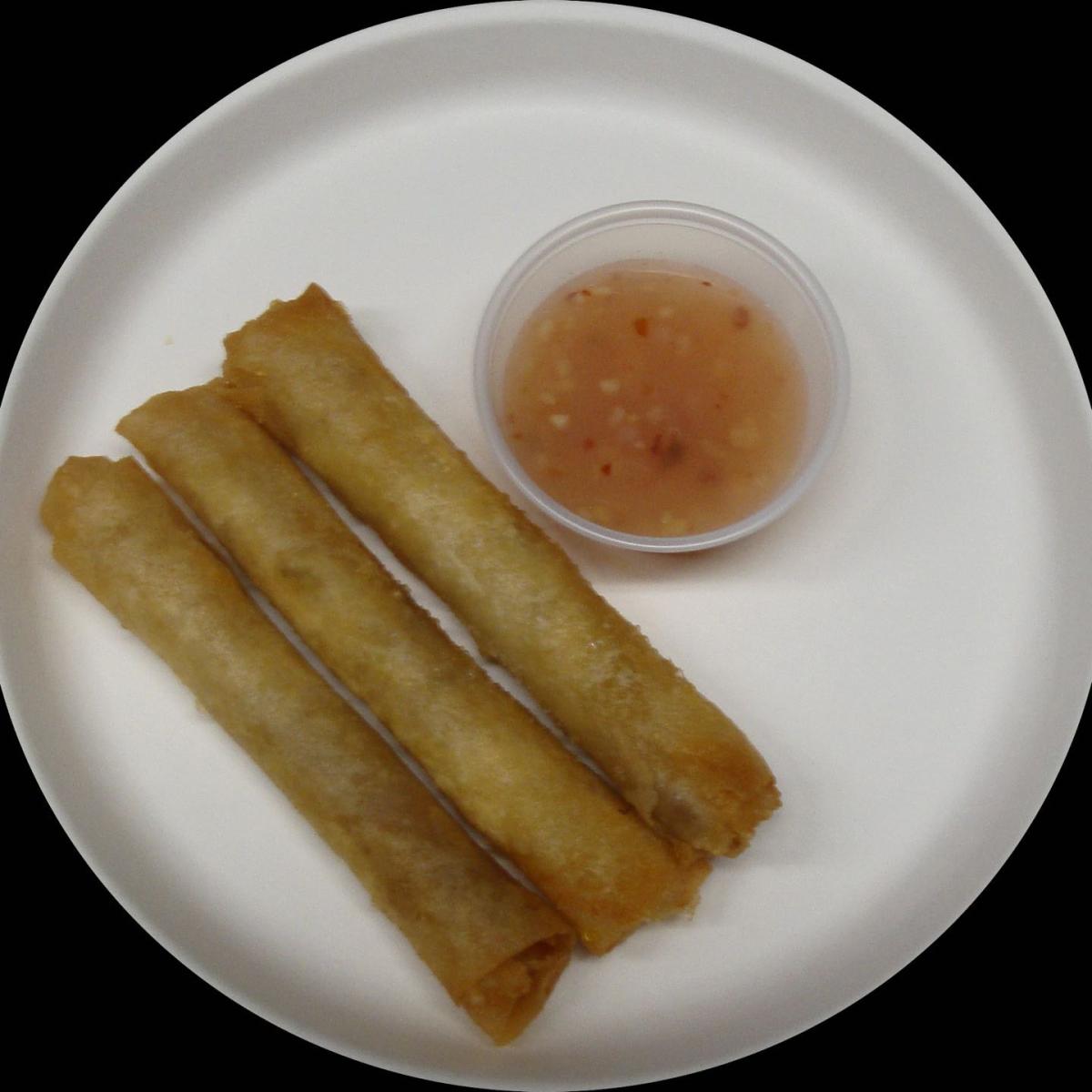 Three beef & veggie eggrolls served with house made sweet chili sauce. - Lu’s Teriyaki restaurant in Forest Grove, OR