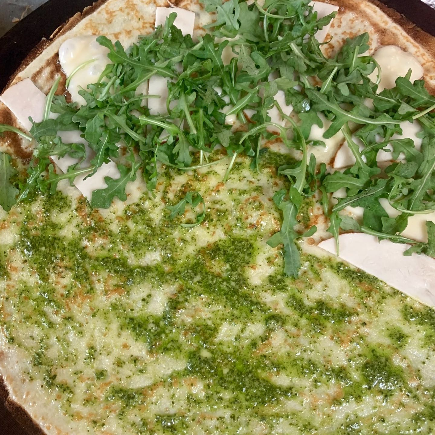 Pesto, turkey ham, swiss cheese & arugula.
