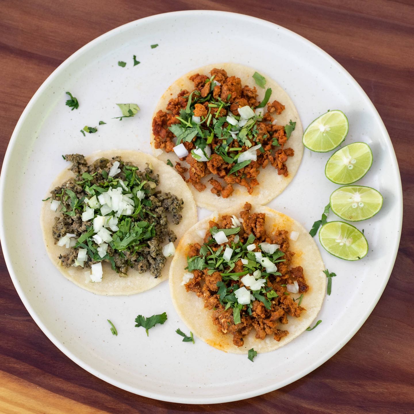 Choose your filling.  Topped with cilantro, onions, lime & salsa.  
