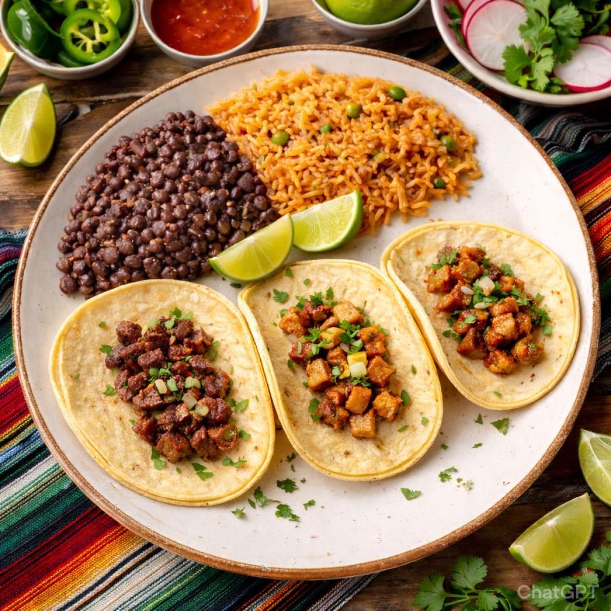 Three tacos made with your choice of protein, served with rice, beans and pico de gallo. - Chorizo Hub restaurant in Beaverton, OR