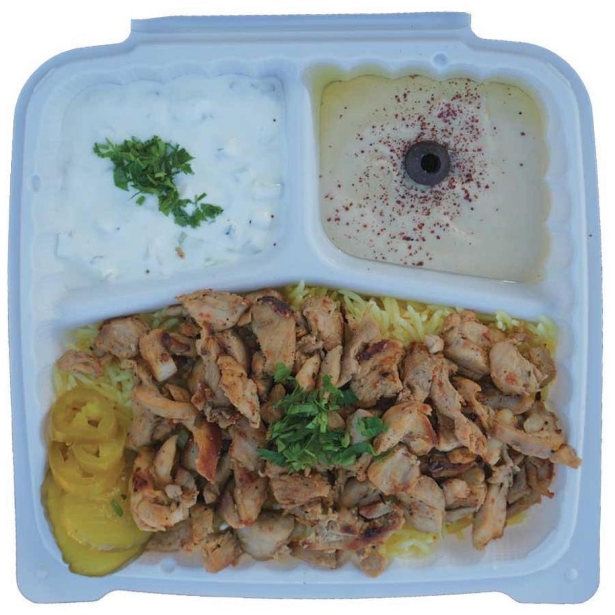Chicken, rice, hummus, tzatziki, pickles. - Syrian Shawarma restaurant in Portland, OR