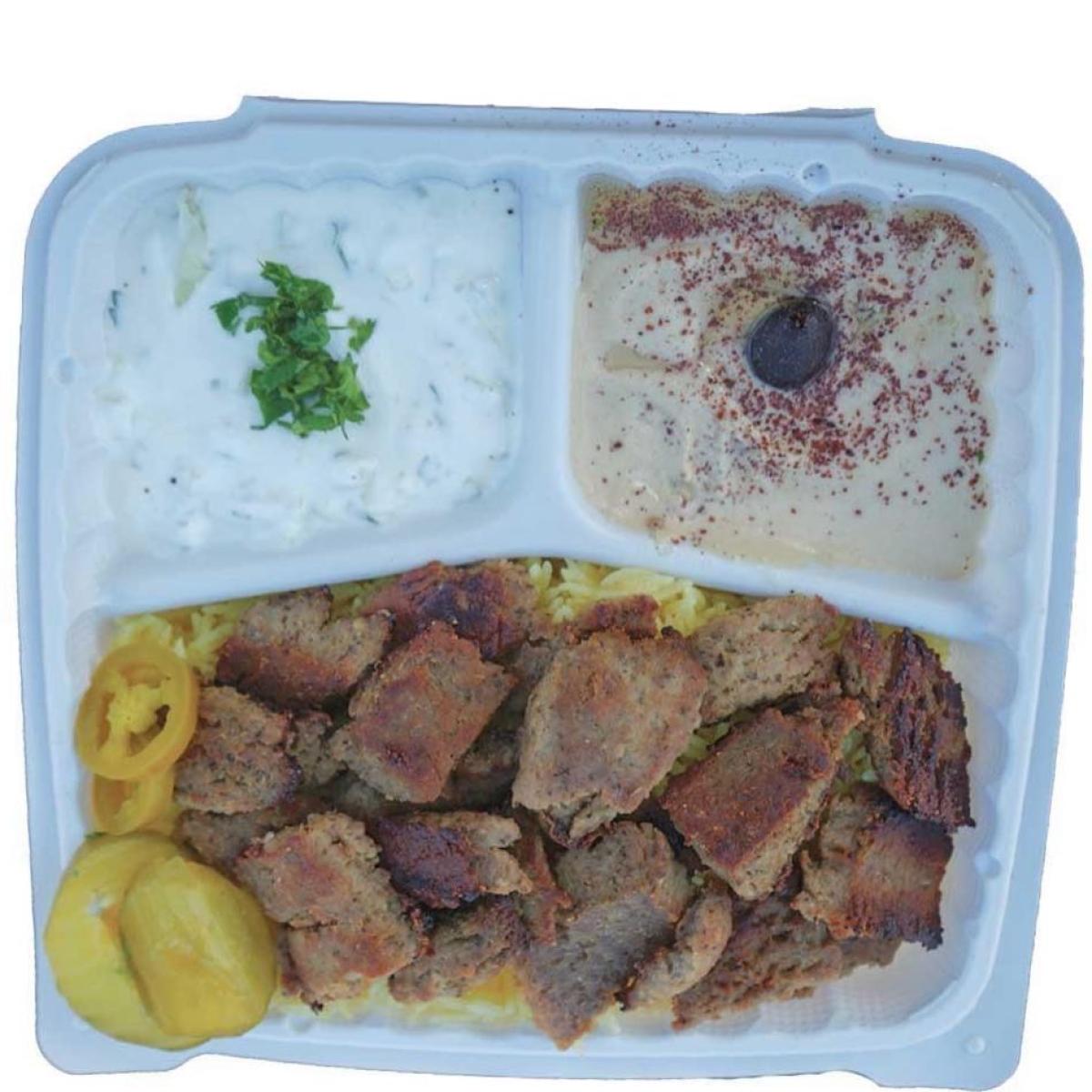 Lamb, rice, hummus, tzatziki, pickles. - Syrian Shawarma restaurant in Portland, OR